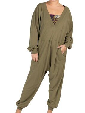 Natural Life Johnnie Plunge Olive Green V Neck Jumpsuit Women's Size M